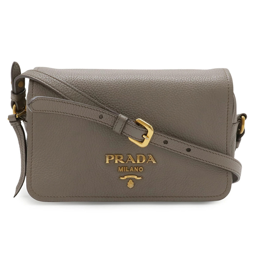 Prada Pochette Shoulder Bag Flap Crossbody Leather Greige Gray